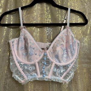 VS For Love & Lemons Foil Rose Pink Blue Sheer Mesh Bustier Coquette Top Large
